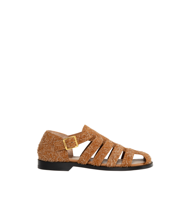 Image 1 of 4 - BROWN - LOEWE Campo Sandal featuring brushed suede, an interlaced silhouette, the LOEWE signature round toe shape, branded metal buckle closure and leather sole and padded leather insole. 