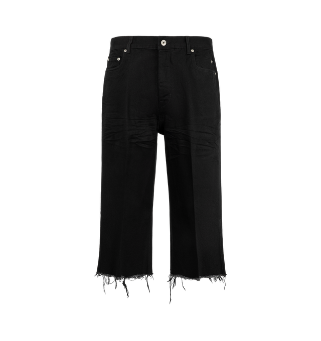 Image 1 of 3 - BLACK - Rick Owens Men's Bolan Cutoffs are crafted from 16 oz Japanese selvedge denim and feature a high-rise waist, a slim fit, knee-length raw-cut hems, side slits, and a six-pocket construction. Designed with a concealed button fly, belt loops, pocket rivets, rear patch pockets, crotch whiskering, and pressed front and back leg creases, this style combines signature tailoring details with a streamlined silhouette. Main Material: 100% Cotton. Pocket Lining: 52% Polyester, 48% Cotton.  Made  