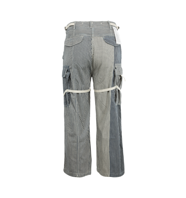 Image 2 of 4 - BLUE - R13 Cropped Cargo Pant featuring drawstring cuffs, button closure and zip fly, stripes throughout and cargo pockets. 100% cotton. 