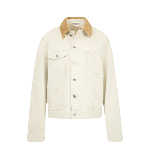 Image 1 of 3 - NEUTRAL - JW Anderson Women's Corduroy Collar Denim Jacket is crafted from Japanese cotton denim and features a relaxed workwear-inspired silhouette with a contrasting corduroy collar. Developed in collaboration with expert Japanese denim makers, the jacket is designed with a twisted patch pocket, engraved metal shank buttons, and a leather logo patch for a refined heritage finish. Main Material: 100% Cotton. Contrast: 100% Cotton. Pocketing: 100% Cotton. Made in Japan. 
