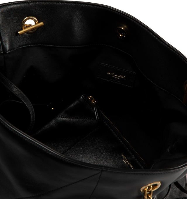 Image 3 of 3 - BLACK - Saint Laurent YSL 4.3 Jamie Tote Bag has an open top with a snap and drawstring closure, chain and leather shoulder strap, and an interior zipper pocket. 10.6 H x 13.4 W x 1.2 D. Quilted leather. Made in Italy.  