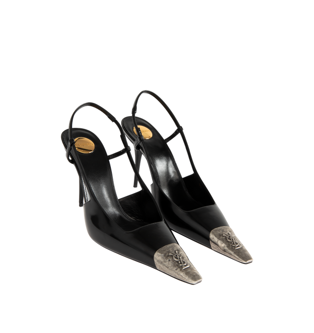 Image 2 of 4 - BLACK - SAINT LAURENT Jeanne Slingback Pumps in glazed leather featuring a square pointed metal cap toe decorated with a cassandre martel, a square-cut vamp, stiletto heel, leather sole, round saint laurent-engraved metal plaque on the insole and elasticized slingback strap. 3.5 inch heel. Calfskin. Made in Italy. 