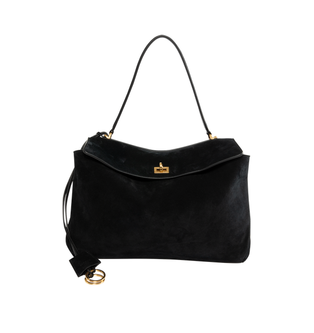 Image 1 of 4 - BLACK - Balenciaga Rodeo Handbag Medium is crafted from suede calfskin and smooth calfskin leather and features a structured yet relaxed silhouette with a top handle and removable shoulder strap. Designed with a turn-lock closure, aged-gold hardware, a removable cloche cls, a wide front pocket, and multiple interior compartments, the bag offers versatile carry options and everyday functionality. Main Material: Calfskin Leather. Lining: Nappa Lambskin. Made in Italy. 