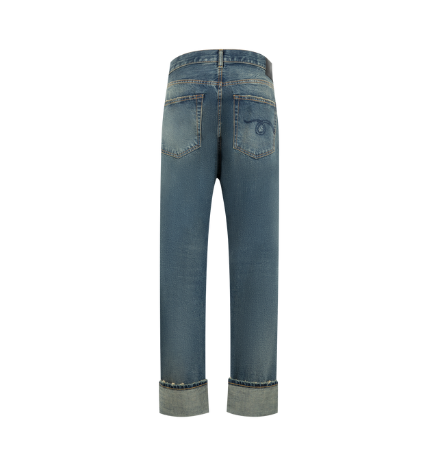 Image 2 of 3 - BLUE - R13 Women's Cuffed Crossover Jeans are crafted from premium rigid selvedge denim and feature the brand's signature asymmetric crossover waistband, a straight-leg silhouette, and rolled cuffed hems for a distinctive modern look. Designed with a classic five-pocket construction and premium craftsmanship, these designer jeans combine R13's iconic deconstructed aesthetic with timeless everyday versatility. Main Material: 100% Cotton. Made in Italy. 