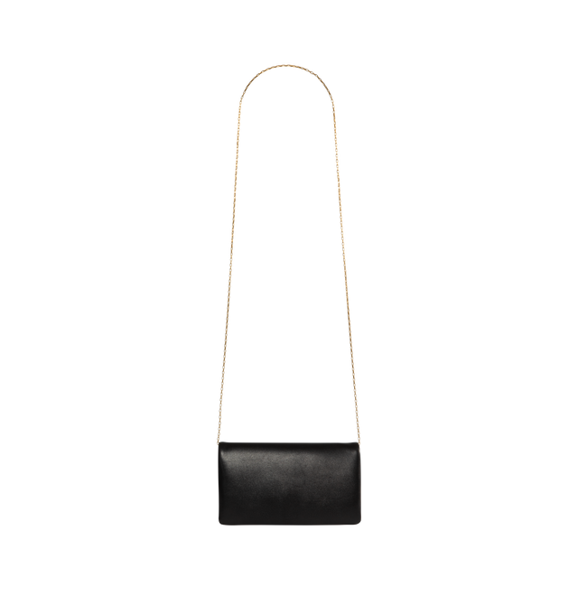 Image 2 of 3 - BLACK - SAINT LAURENT Calypso Large Bi-Fold Wallet On Chain featuring puffed leather exterior with leather lining, bi-fold styling with snap button closure and gold-tone cassandre hardware at front, 4 interior bill slots, interior zipper compartment with grosgrain lining and gold-tone chain shoulder strap. 7" W x 4" H x 1.25" D. 100% leather. Made in Italy. 