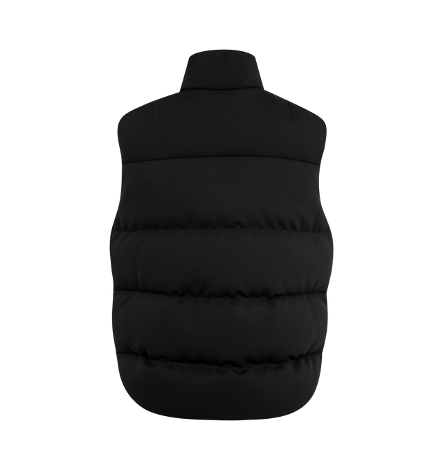 Image 2 of 2 - BLACK - Moncler x EE72 by Edward Enninful Otis Down Vest featuring elastic cotton and nylon blend technical jersey, nylon laqu lining, down-filled, zipper closure, side slits with snap button closure, pockets with snap button closure, hem with drawstring fastening and logo patch. 42% polyamide/nylon, 33% cotton, 25% elastane/spandex. Padding: 90% down, 10% feather. Made in Romania. 