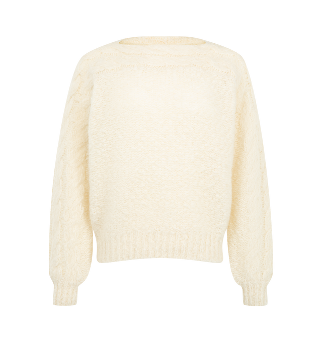 Image 1 of 2 - NEUTRAL - Isabel Marant Womens Ponara Pullover is crafted from brushed virgin wool knit. Features a straight fit, boat neckline, long raglan sleeves, cable-knit detailing at the front and sleeves, and ribbed cuffs and hem. Main Material: 86% Virgin Wool, 14% Polyamide. Made in Italy. 