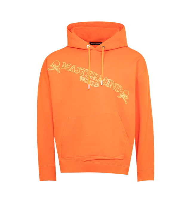 Image 1 of 2 - ORANGE - MASTERMIND JAPAN Logo Hoodie featuring logo print to the front, skull print to the rear, drawstring hood, drop shoulder, long sleeves, front pouch pocket and ribbed cuffs and hem. 100% cotton. 