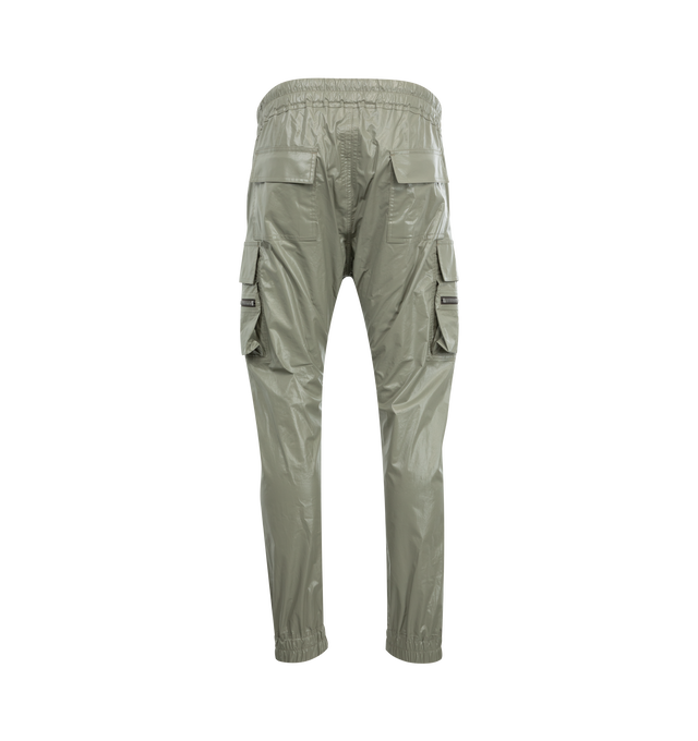 Image 2 of 3 - GREEN - RICK OWENS Mastodon Cargo Pants featuring coated GOTS-certified organic cotton, drawstring at elasticized waistband, four-pocket styling, button fly, rib-knit cuffs and cargo and zip pocket at outseams. 100% cotton. Made in Italy. 