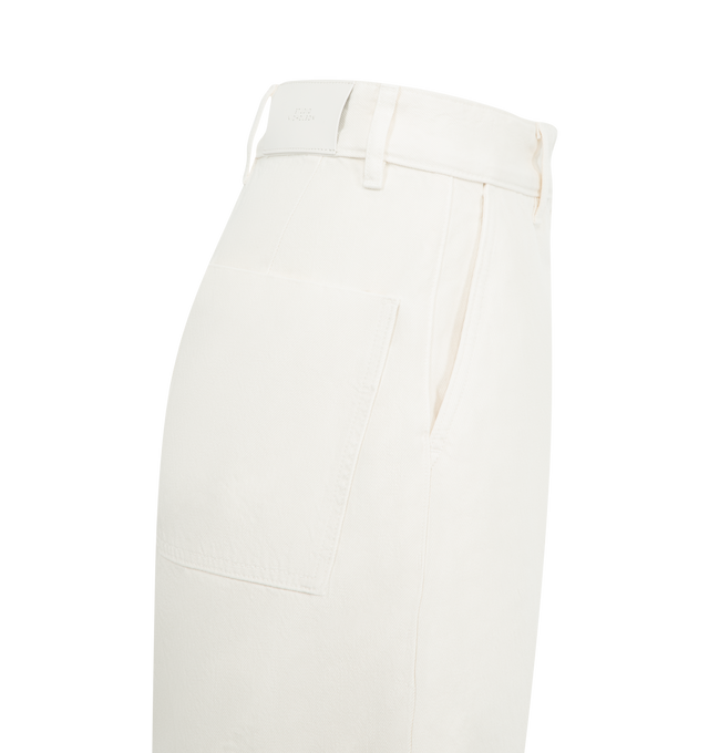 Image 3 of 3 - WHITE - Studio Nicholson Chalco Denim Pants are cut wide and cropped, with a curved leg and dropped crotch, constructed from a recycled denim thats been garment dyed for a soft, easy-wearing finish. Featuring button waist, belt loops, side slash pockets and back patch pockets. 71% Cotton, 16% Reused Cotton, 13% Recycled Polyester.  