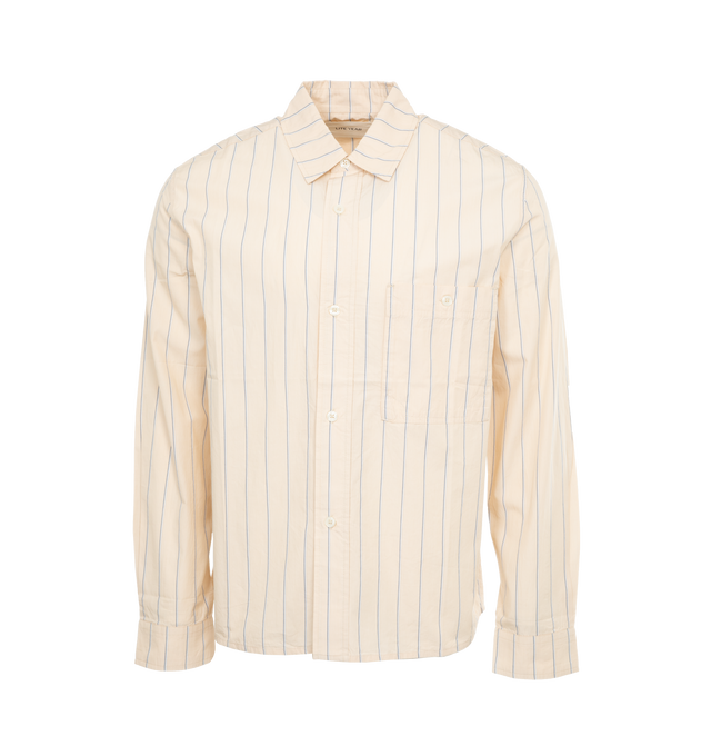 Image 1 of 5 - YELLOW - LITE YEAR Relaxed Button Up Shirt featuring classic collar, left front pocket, pearl buttons closures and Japanese type writer stripe washer cotton. 100% cotton. 