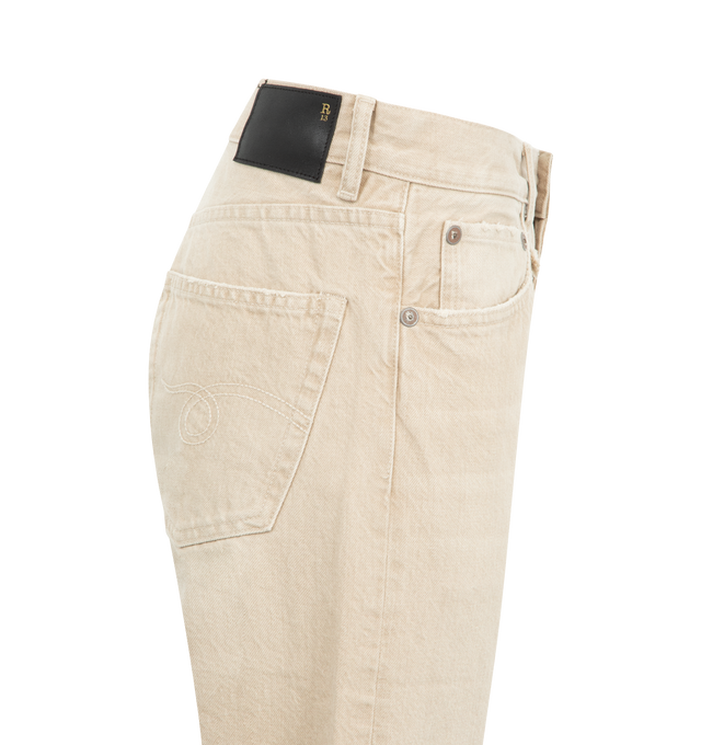 Image 3 of 3 - NEUTRAL - R13 X-BF Jean featuring h a wider, slouchier leg, built with Japanese Khaki denim, 5 pocket style, belt loops at waist and button zip closure. 100% cotton. 