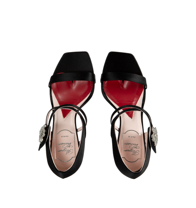 Image 4 of 4 - BLACK - ROGER VIVIER I Love Vivier Daisy Satin Sandals featuring crystal-embellished daisy buckle accent, open toe, adjustable ankle strap and leather outsole. 100MM stiletto heel. Satin. Lining: leather. Made in Italy. 