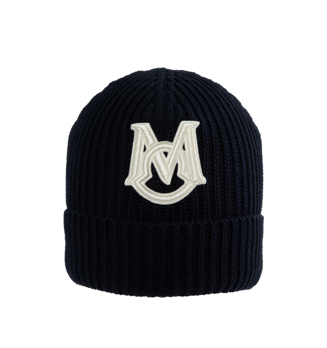 BLACK - MONCLER Embroidered Monogram Beanie featuring brioche stitch, gauge 5 and felt logo patch. 100% cotton. Made in Italy.