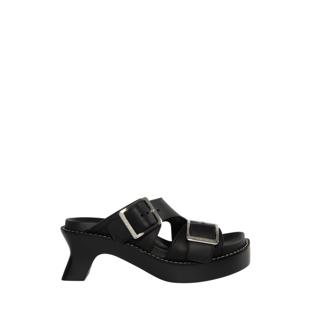 Image 1 of 4 - BLACK - LOEWE Ease Heel Slide featuring two adjustable straps with oversized LOEWE buckles, architectural slanted heel complemented by the "Ease" ergonomic fussbet and contrast stitching. 90mm heel. Vegetal calf. Made in Italy. 