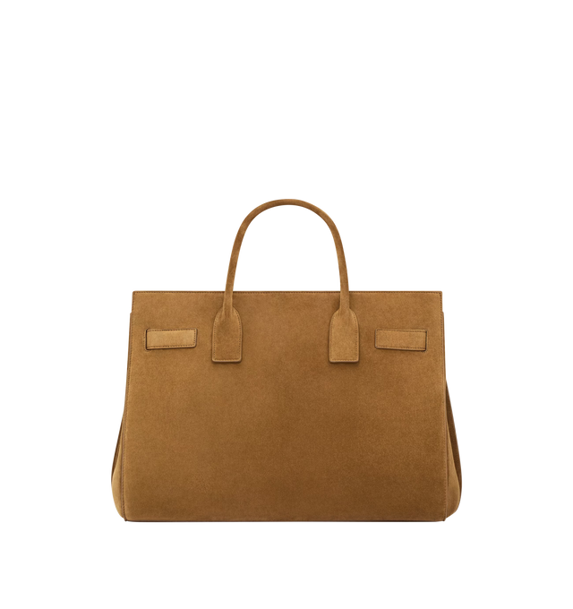 Image 3 of 5 - BROWN - SAINT LAURENT Sac De Jour Large Bag in suede featuring cassandre padlock, an east/west format, lined in leather, top handles, bronze-tone hardware, toggle hook closure, accordion sides, two compartments separated by a removable zip pouch and interchangeable suede strap and canvas strap. 14" x 10.8" x 2.88.3". Calfskin. Made in Italy. 