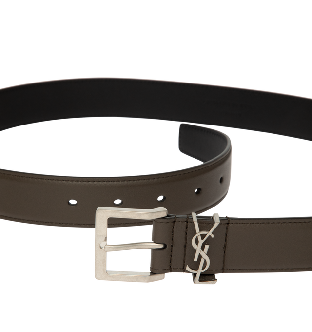 Image 2 of 2 - BROWN - Saint Laurent Mens Cintura Box Belt is crafted from calf leather. Features a slim silhouette, adjustable buckle closure, and silvertone hardware. Main Material: Calf Leather. Made in Italy. 