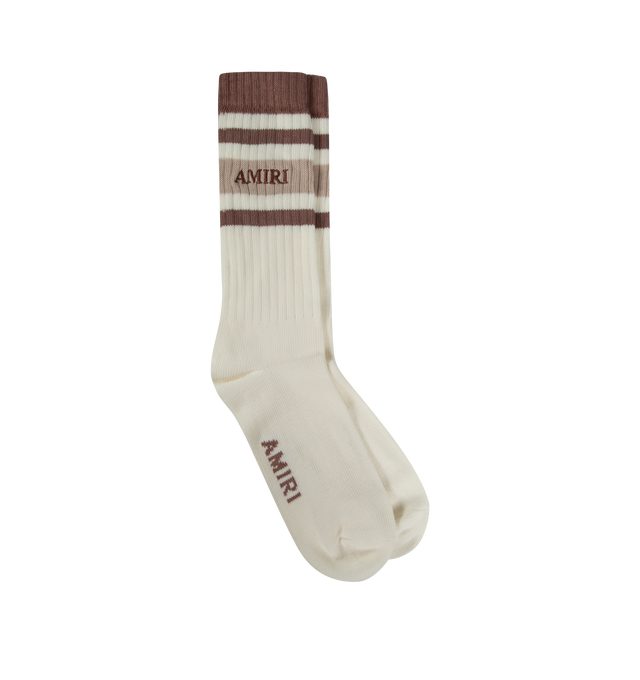 Image 1 of 2 - BROWN - AMIRI Stack Stripe Chunky Knit Crew Socks featuring the Amiri Stack motif with stripe detailing, ribbed cuff to prevent slipping and reinforced toe and heel.38% wool, 10% cashmere, 28% viscose, 22% polyamide, 2% elastane. Made in Italy. 