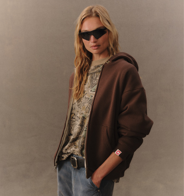 Image 5 of 6 - BROWN - Cherry LA Men's 5 Star Thermal Zip Hoodie is crafted from custom cotton fleece and features a boxy-fit silhouette, a full-zip front closure, and a custom poly-cotton thermal lining for added warmth and comfort. Designed with embroidery at the back, a nickel zipper, and a branded label at the cuff, this elevated everyday layer combines utility-inspired details with Cherry LA's signature aesthetic. Main Material: Custom Cotton Fleece. Lining: Custom Poly-Cotton Thermal. Made in Los Ange 