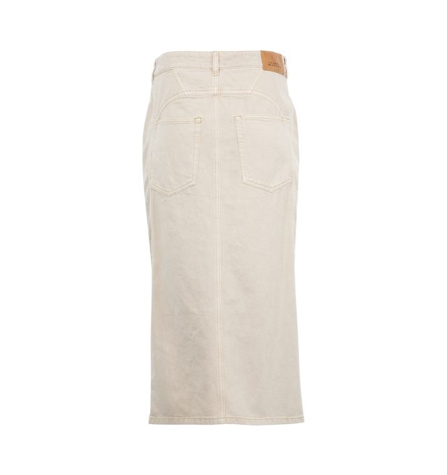 Image 2 of 2 - WHITE - Isabel Marant straight-cut denim midi skirt with a fitted waistband with belt loops, metal button tab with a zipper, slant pockets on the sides, topstitched piped pockets in front, slit in front, leather label in back with an embossed "Isabel Marant" logo and pockets in back with metal rivets. 100% cotton. 