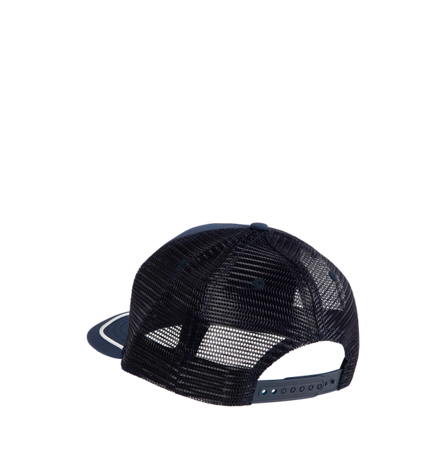 Image 2 of 2 - NAVY - RHUDE Player Special Trucker Hat featuring classic trucker cap, embroidery on the front and brim and adjustable snap strap at the back. 100% polyester. 100% cotton. 