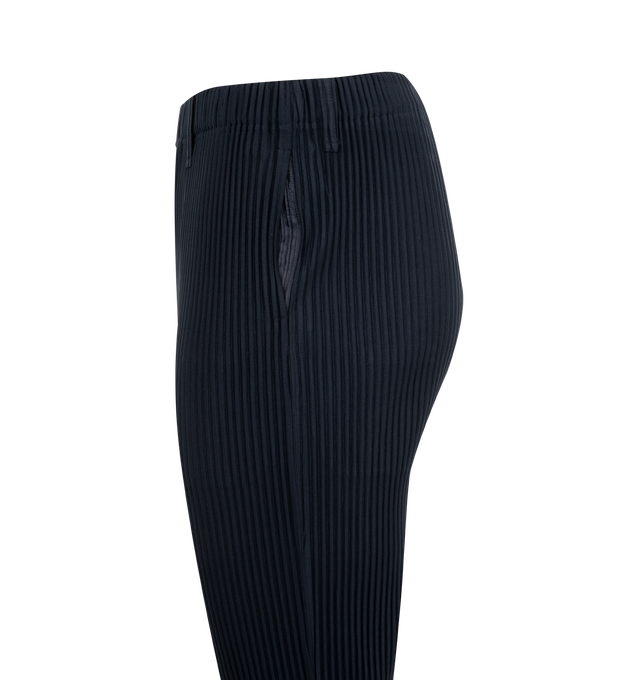 Image 3 of 3 - NAVY - Issey Miyake Basic Pants have an elastic east with a mock fly, belt loops, side pockets, and signature pleated fabric. 100% polyester.  