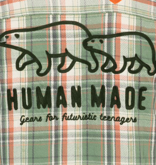 Image 4 of 4 - GREEN - HUMAN MADE Check shirt featuring polar bear motif on the back, polar bear name tag attached to the front and heart-shaped buttons.  