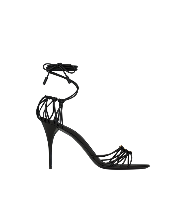 Image 1 of 3 - BLACK - SAINT LAURENT Babylone Sandals featuring almond toe, lace up ankle strap, stiletto heel and leather sole. 3.5 inch heel. Lambskin. Made in Italy.  
