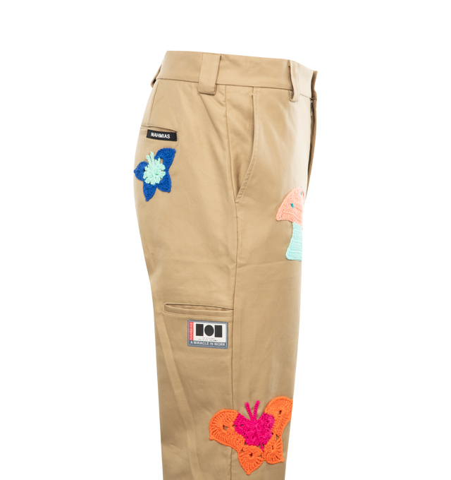Image 3 of 3 - NEUTRAL - NAHMIAS Knit Patchwork Worker Pant featuring straight leg, two pockets, hand crochet patches and button closure. 100% cotton.  