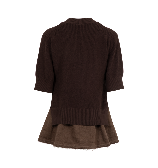 Image 2 of 2 - BROWN - SACAI Denim X Knit Pullover featuring crew neckline, short sleeves with ribbed trims, denim under panelling and knit outer fabric. 57% cotton, 43% polyester. Made in Japan.  