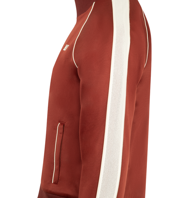 Image 3 of 3 - ORANGE - WALES BONNER Motion Track Top featuring funnel collar, front zip closure, front pockets, embroidered WB at chest and contrast piping. 55% polyester, 45% cotton. Made in Portugal. 