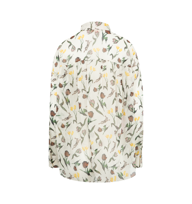 Image 2 of 2 - WHITE - MARNI Chiffon Shirt featuring a printed motif of tulips and jumping hares, long sleeves, button front closure, collar, relaxed fit and gathered back yoke. 100% silk. Lining: 60% cupro, 40% silk. Made in Italy. 