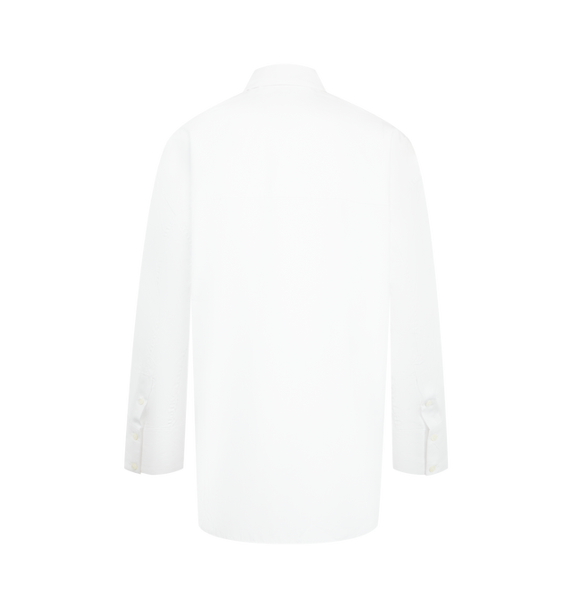 Image 2 of 2 - WHITE - Toteme Women's Boxy Poplin Shirt is crafted from crisp cotton poplin and features a relaxed boxy silhouette with a classic point collar, button-front closure, long sleeves, and buttoned cuffs. This designer shirt combines clean tailoring with Toteme's signature minimalist aesthetic, creating a versatile wardrobe staple for effortless everyday dressing. Main Material: 100% Cotton. 