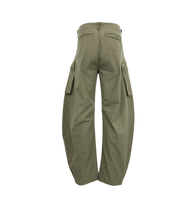 Image 2 of 3 - GREEN - COUT DE LA LIBERTE Monty Twill Slub Barrel Cargo Pant featuring barrel legs, button zip front closure, 2 side pockets, 2 back welt pockets, 2 cargo pockets and belt loops. 100% cotton. Made In USA. 