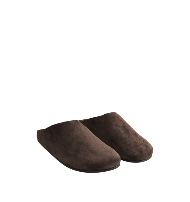 Image 2 of 4 - BROWN - The Row Women's Hudson Slide in Suede featuring relaxed slip-on shoe in natural suede with round toe, contoured footbed, and rubber sole. 100% calfskin leather. Rubber sole. Made in Italy. 