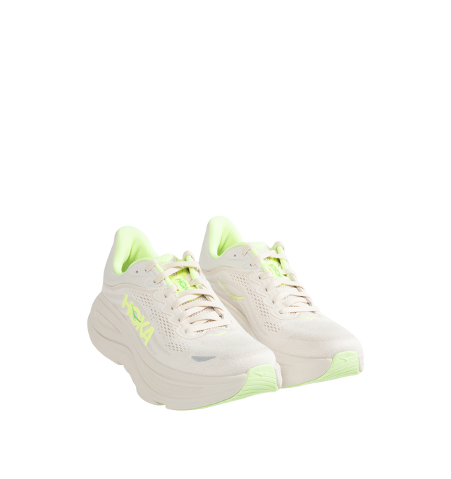 Image 2 of 5 - WHITE - HOKA M Bondi 9 Sneaker featuring engineered mesh upper with rubber sole, lace-up front, foamed EVA midsole and increased stack height for maximum cushioning, zonal breathability, reflective detailing and cushioned tongue and collar. 