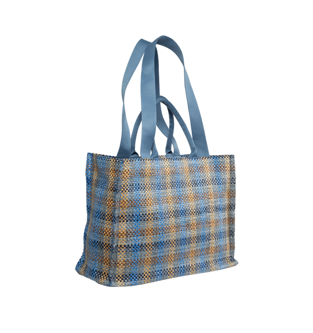 Image 2 of 3 - MULTI - MARNI Plaid Check Woven Tote Bag featuring interwoven design, logo print, two long top handles, two rolled top handles, open top and one main compartment. 7.8 x 13.3 x 17.7 inches. 52% cotton, 48% polyamide. 