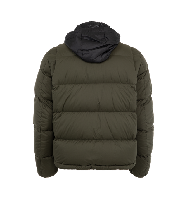 Image 2 of 3 - GREEN - Moncler Calima Puffer Jacket has a corduroy collar, detachable and adjustable hood, nylon laqu lining, drawstring hem, front zipper closure, zipper pockets, and chest pocket. Lined. Down filled.  