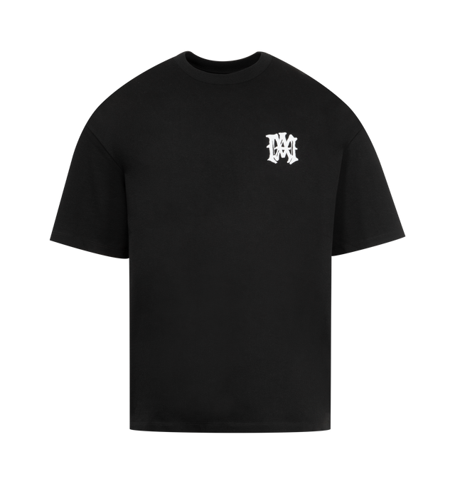 Image 1 of 2 - BLACK - AMIRI MA Chateau T-shirt featuring cotton jersey, short sleeves, rib-knit crewneck, logo graphic printed at chest and back, dropped shoulders and oversized fit. 100% cotton. Made in Italy. 