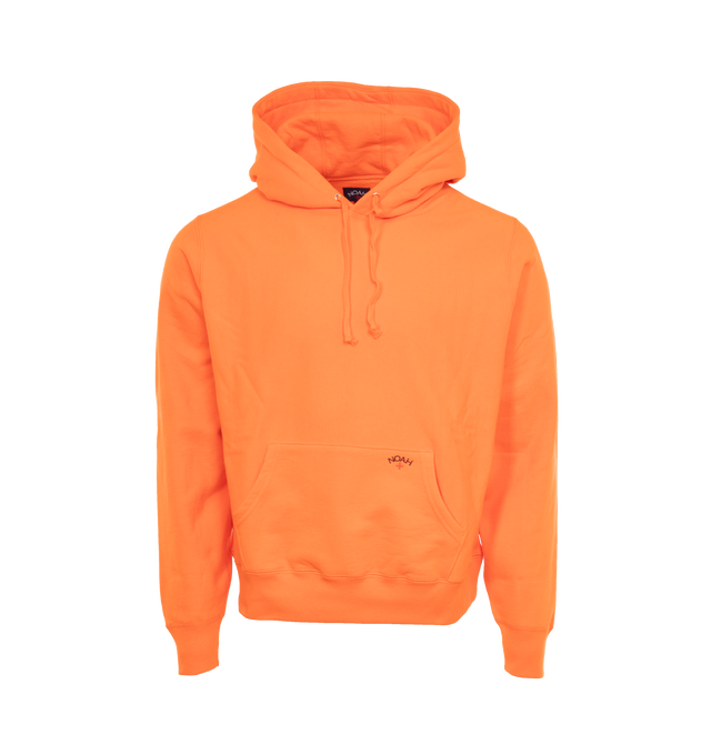 Image 1 of 3 - ORANGE - NOAH Classic Hoodie featuring brushed-back fleece, kangaroo pocket, hood with drawstring, ribbed hem and cuffs and logo embroidery on pocket. 100% cotton. Made in Canada. 