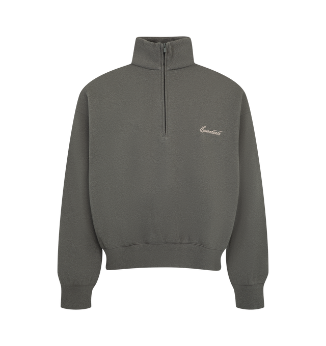Image 1 of 2 - GREY - Fear of God ESSENTIALS Men's Signature Classic Half-Zip Sweatshirt is crafted from heavyweight 380 GSM core fleece and features a relaxed-fit silhouette with a high neckline and half-zip front closure. Designed with an embroidered ESSENTIALS signature logo at the front, this elevated everyday layer is finished with rib-knit cuffs and hem, while a signature ESSENTIALS label at the back collar completes the design. Main Material: 80% Cotton, 20% Polyester, 380 GSM Core Fleece. Imported. 