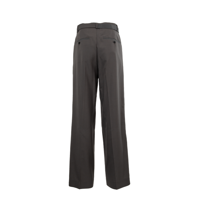 GREY - SACAI Suiting Trousers featuring belt loops, detachable cinch belt at waistband, four-pocket styling, zip-fly, central crease at front and back, grosgrain trim at outseams, partial cupro satin lining and logo-engraved silver-tone hardware. 70% polyester, 30% wool. Trim: 100% polyester. Lining: 100% cupro. Made in Japan.