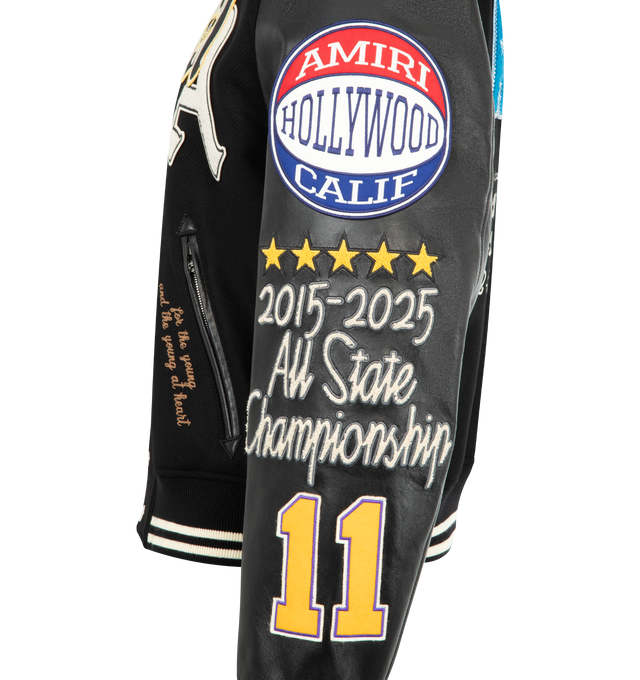 Image 4 of 4 - BLACK - AMIRI Varsity Patch Jacket featuring varsity patch detailing, zipper pocket, snap button closure and embroidery at chest. 75% wool, 25% nylon. Made in Italy. 