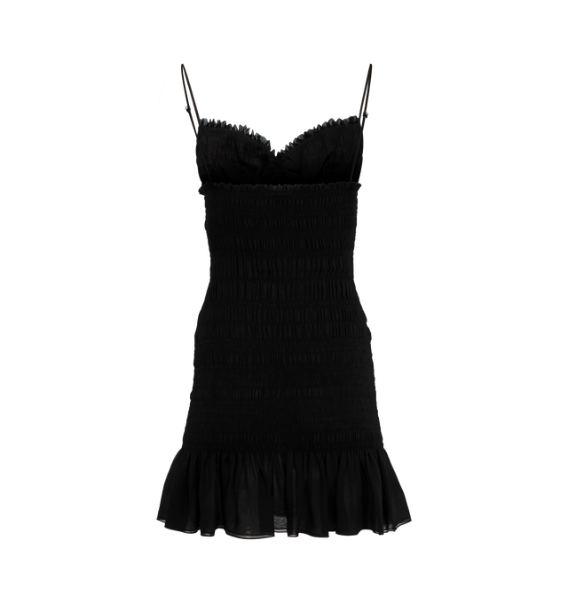 Image 2 of 2 - BLACK - SAINT LAURENT Smocked Mini Dress made with certified silk featuring a sweetheart neckline, adjustable spaghetti straps, and a ruffled hem. 100% silk. Made in Italy. 