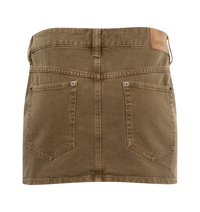 Image 2 of 3 - GREEN - ISABEL MARANT Paulina Mini Skirt featuring concealed fly and button fastening, lobster claw fastening, belt loops, classic five pockets, rivet detailing, logo patch to the rear, unlined and straight hem. 80% organic cotton, 20% hemp. 