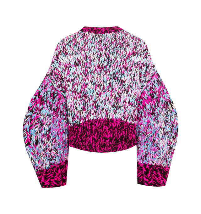 Image 2 of 2 - PINK - Loewe handcrafted multi-color pink yarn mix knit sweater crafted in medium-weight chunky wool moulin knit. Features a relaxed fit, short length, round neck, contrast collar, cuffs and hem, dropped shoulders and balloon sleeves. Made in Republic of Macedonia. 