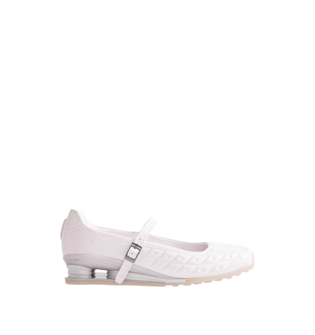 Image 1 of 5 - PINK - Nike Womens Shox Z Calistra Shoe is a ballet-inspired flat on top of sleek sneaker-inspired heel cushioning. Designed with an adjustable midfoot strap, Nike Shox Z cushioning pillars, signature Nike and Shox branding, and durable rubber outsole. Upper: Synthetic Leather; Cushioning: Nike Shox Z; Outsole: Rubber. Imported 