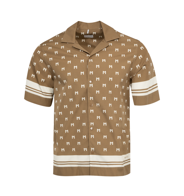 Image 1 of 2 - BROWN - MONCLER Monogram Print Shirt featuring cotton poplin, collar, short sleeves, snap button closure and logo patch. 100% cotton. Made in Romania. 