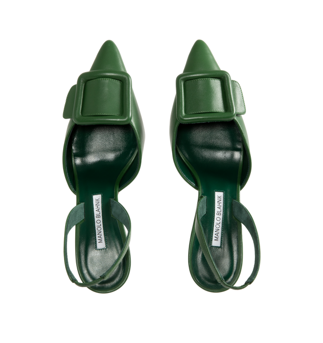 Image 4 of 4 - GREEN - Manolo Blahnik Women's Maysli slingback pumps featuring pointed toe, decorative buckle detail, elasticated slingback strap and stiletto mid 70mm heel. Upper: 100% leather. Sole: 100% leather. Lining: 100% goat skin. Made in Italy. 