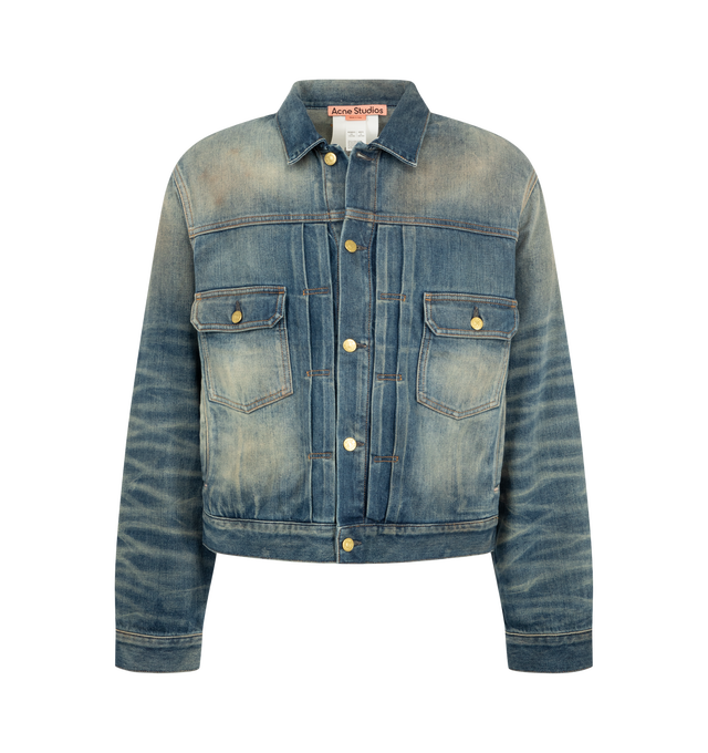 Image 1 of 3 - BLUE - Acne Studios Men's Scraped Denim Jacket is crafted from lightweight indigo broken-twill denim and features a regular-fit, boxy silhouette with a hip-length cut. Designed with contrasting whiskering and scraping for a worn-in appearance, the jacket is finished with chest and welt pockets and branded button closures that enhance its utilitarian character. Main Material: 82% Cotton, 18% Lyocell. 